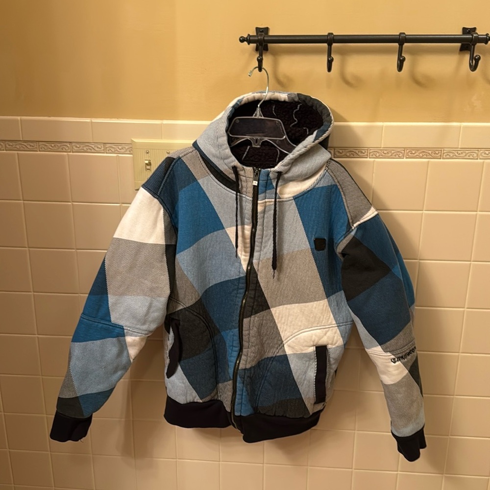 Warm jacket, size, small blue, and black checked with hoodie